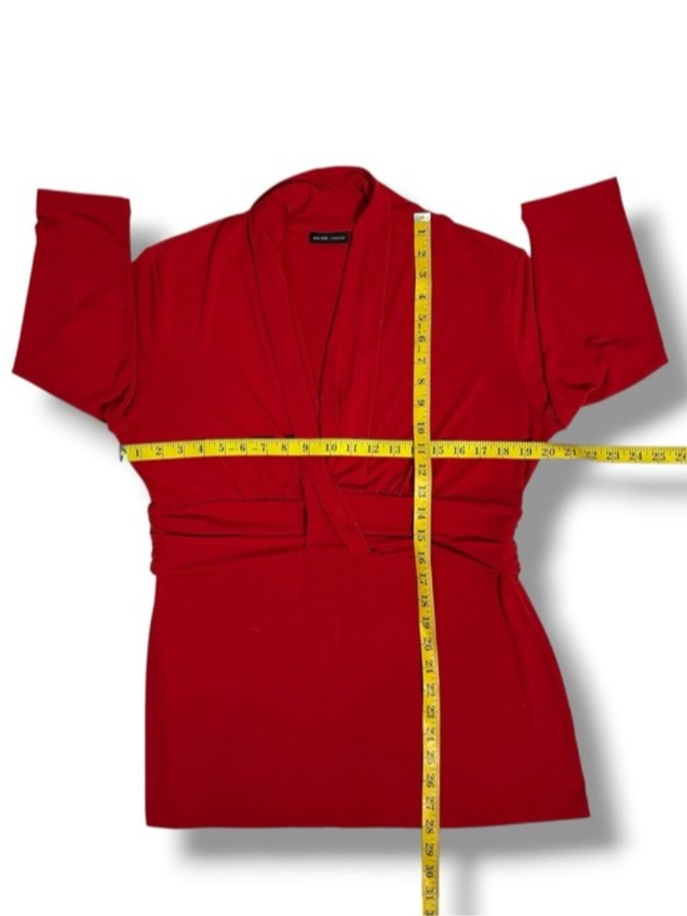 New York & Company Top Blouse Draped Waist Deep V Neck 3/4 Sleeve Tunic Red XL - Picture 3 of 16
